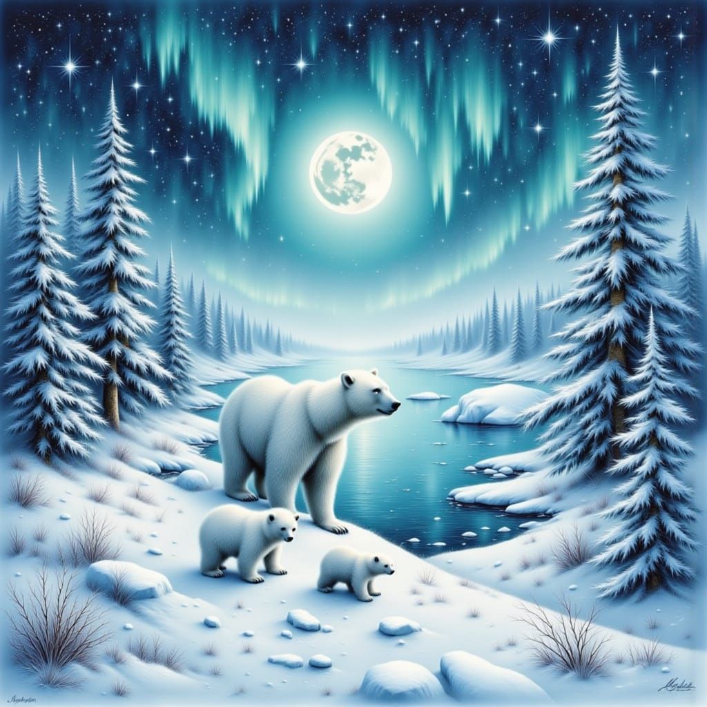 Realistic Polar Bears with Cubs in Ethereal Winter Wonderlan...