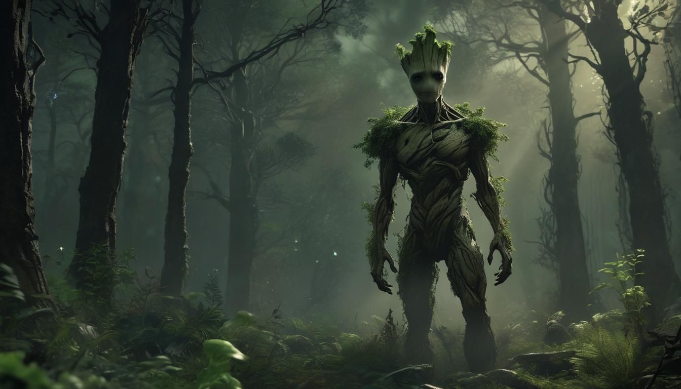 Ethereal Groot in a Haunting Biopunk Forest