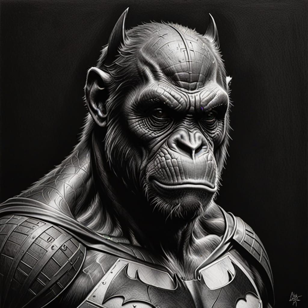 Chimp Batman Hyperdetailed Charcoal Drawing