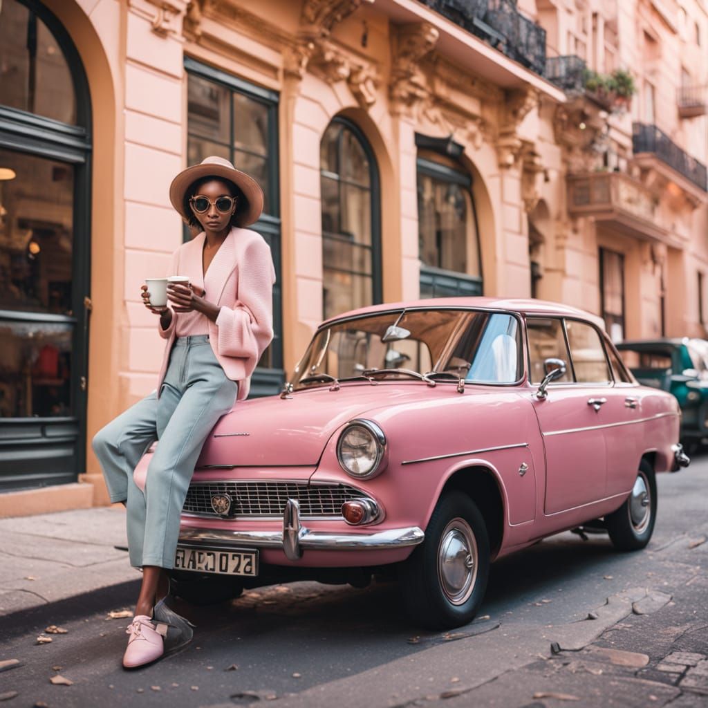Model in Sunglasses with Coffee by Pink Car