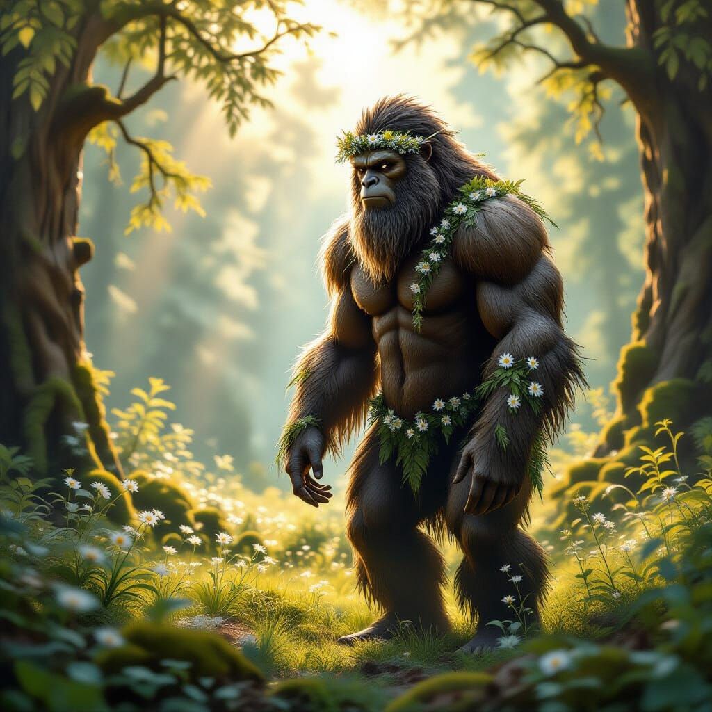 Majestic Sasquatch in Sun-Dappled Forest Clearing