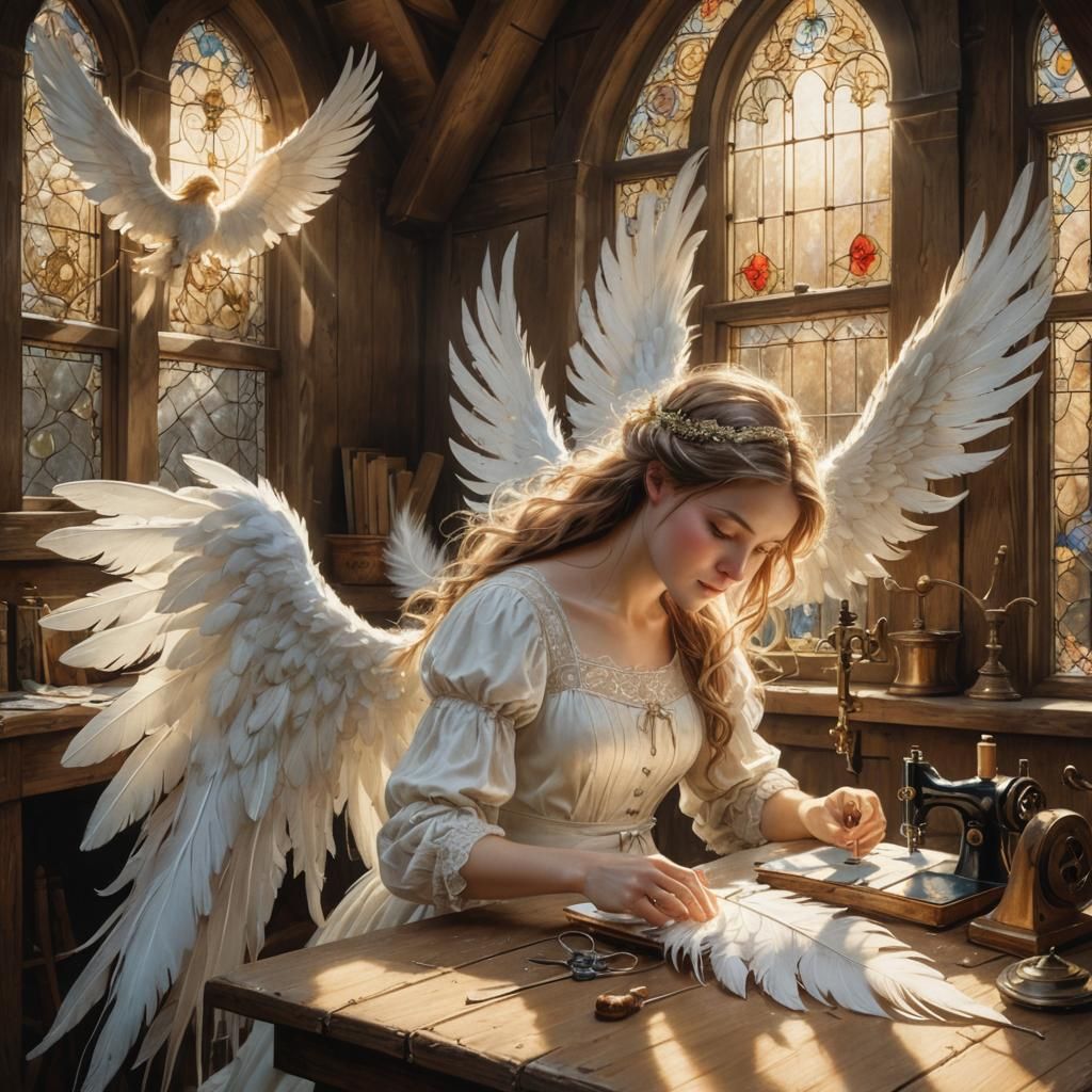 Wing seamstress, crafting custom wings (feat. her pet bird)