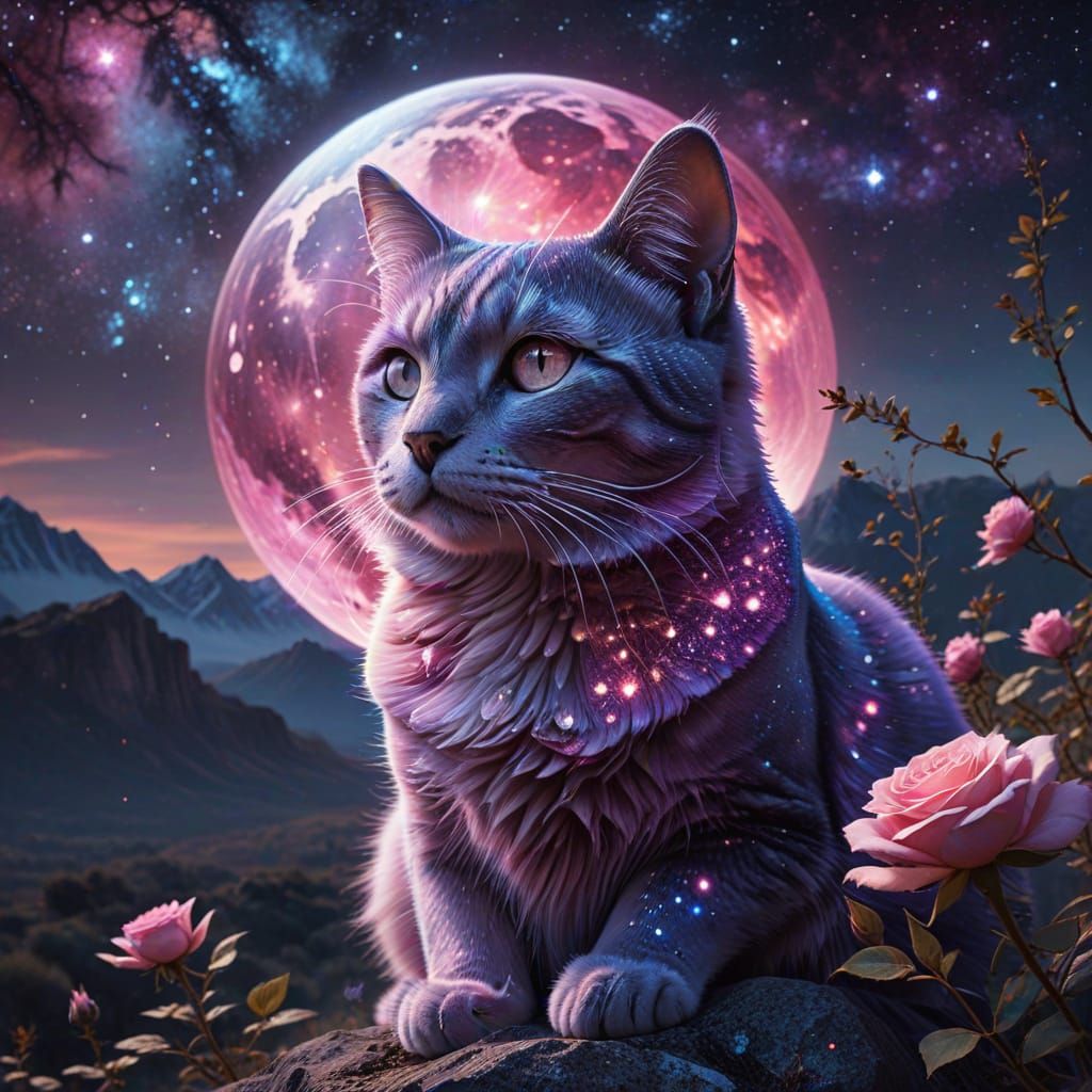 Surreal Cat Enjoys Cosmic Beauty in Zen Landscape