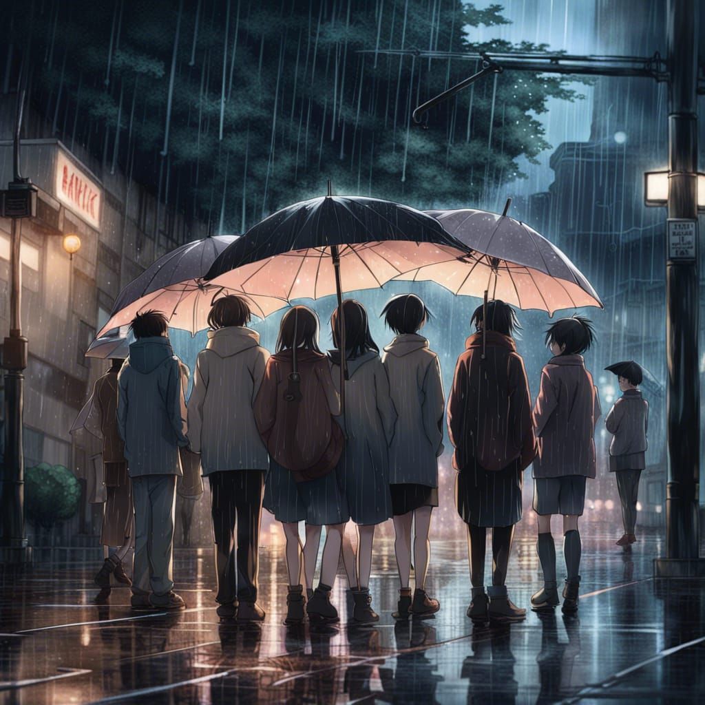 Friends in the Rain: Anime-Inspired Visual