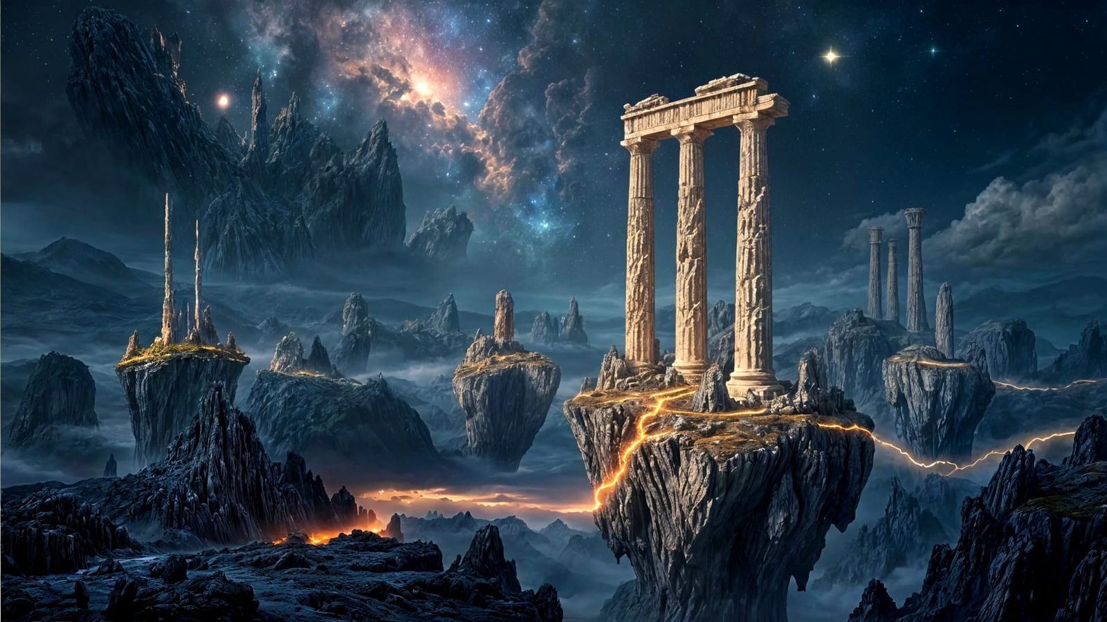 Surreal Floating Islands with Greek Columns in Nebula Sky