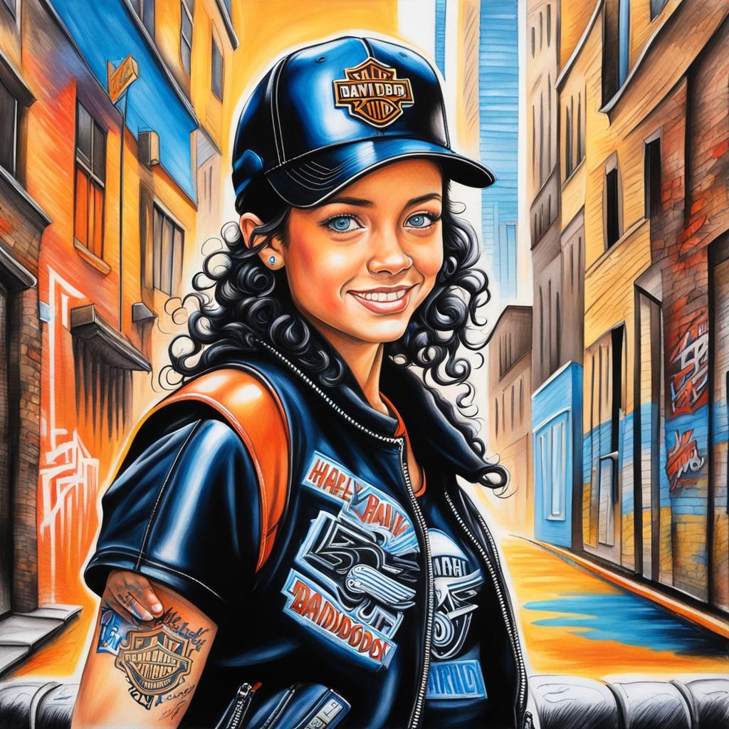Girl in Harley Gear, Colored Pencil Drawing