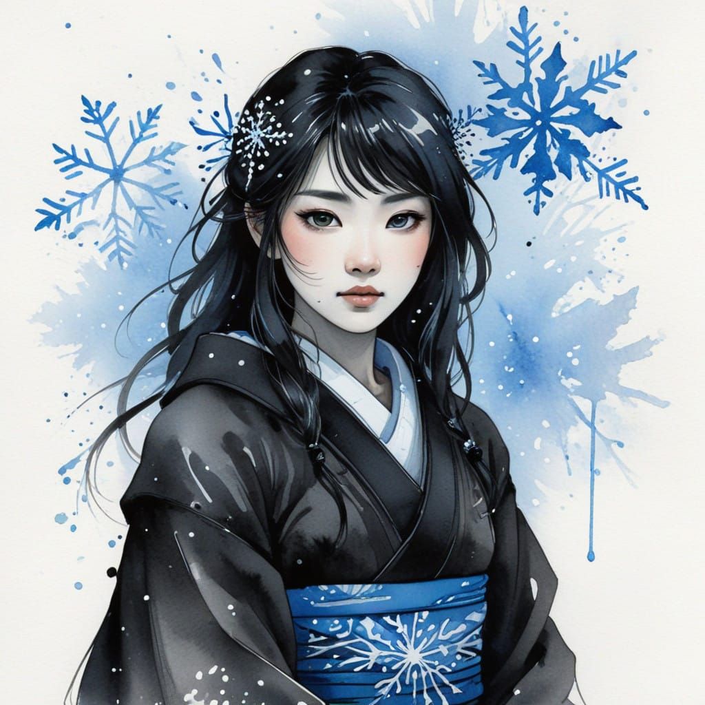 Surreal Snow Maiden in Traditional Japanese Art