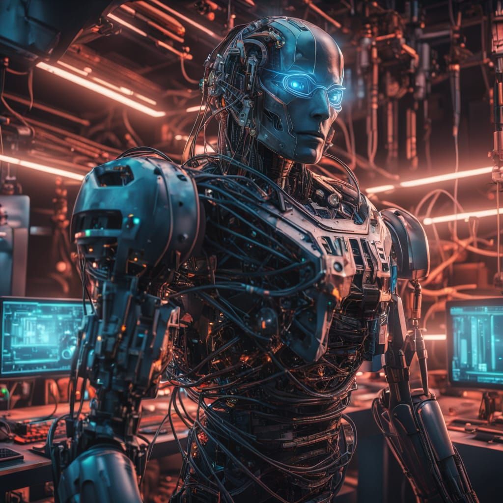 Robotic Titan Under Construction in Neon-Lit Lab