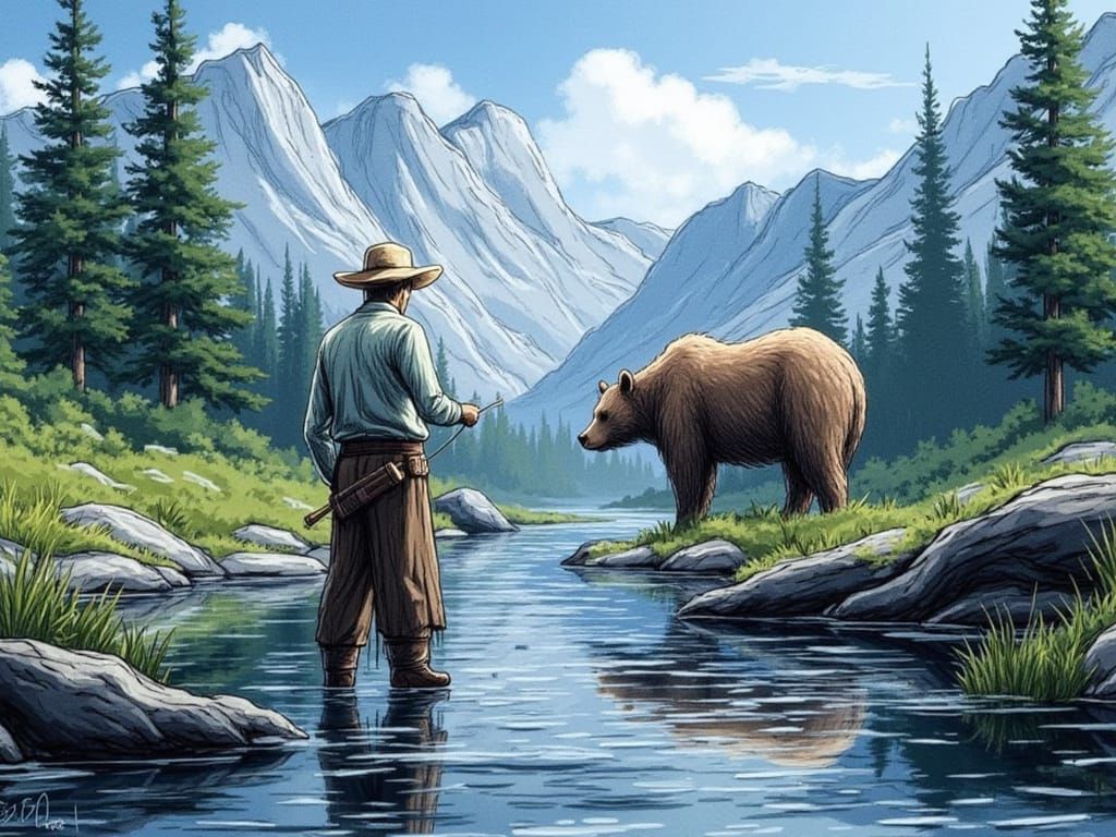 Old Prospector and Bear Fishing in Watercolor
