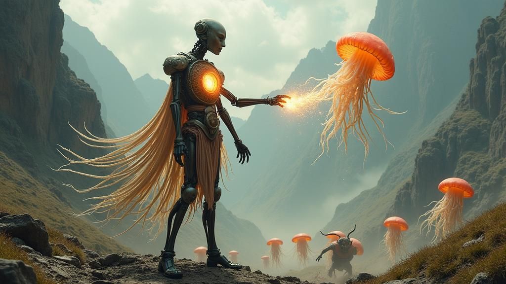 Mechanical Humanoid Unleashes Magic in Mountain Valley