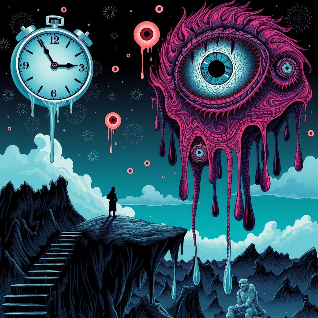 Surreal Floating Islands with Melting Clocks, Dali Inspired