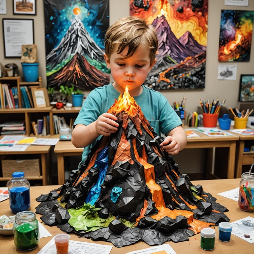 Toddler Boy's Volcano Science Project: Vibrant Mixed Media