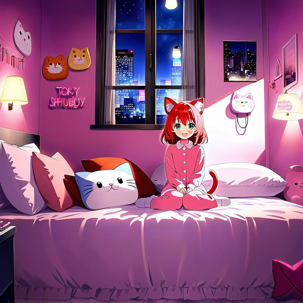 Anime Catgirl in Tokyo Bedroom at Night