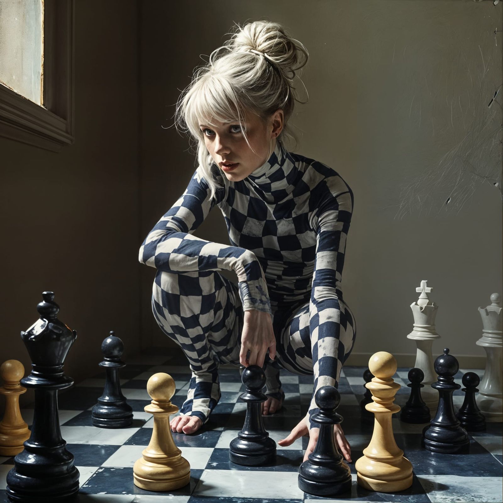 Surreal Checkered Figure on Chessboard in Dreamlike Setting
