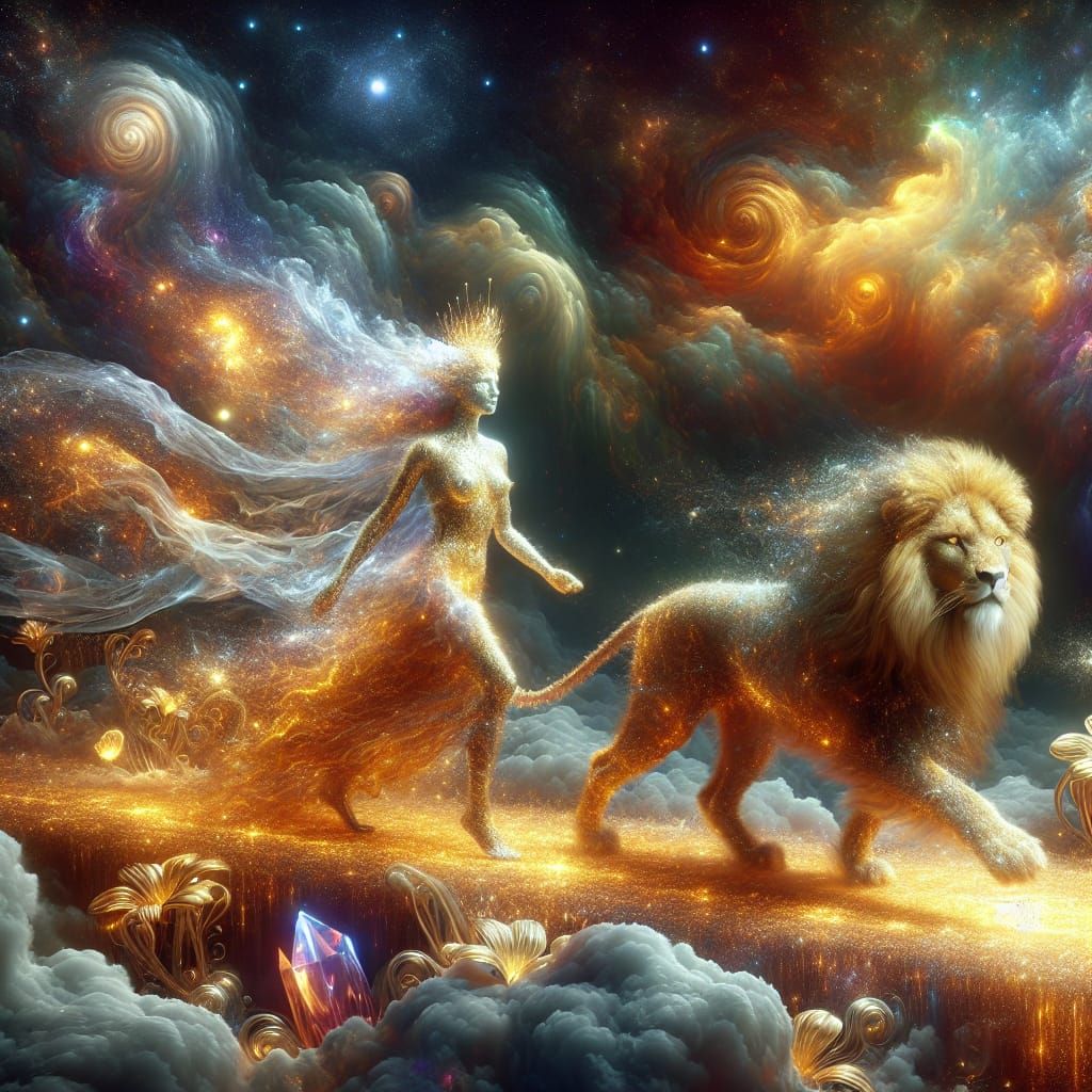 Divine Stardust Entity and Lion in Dreamscape