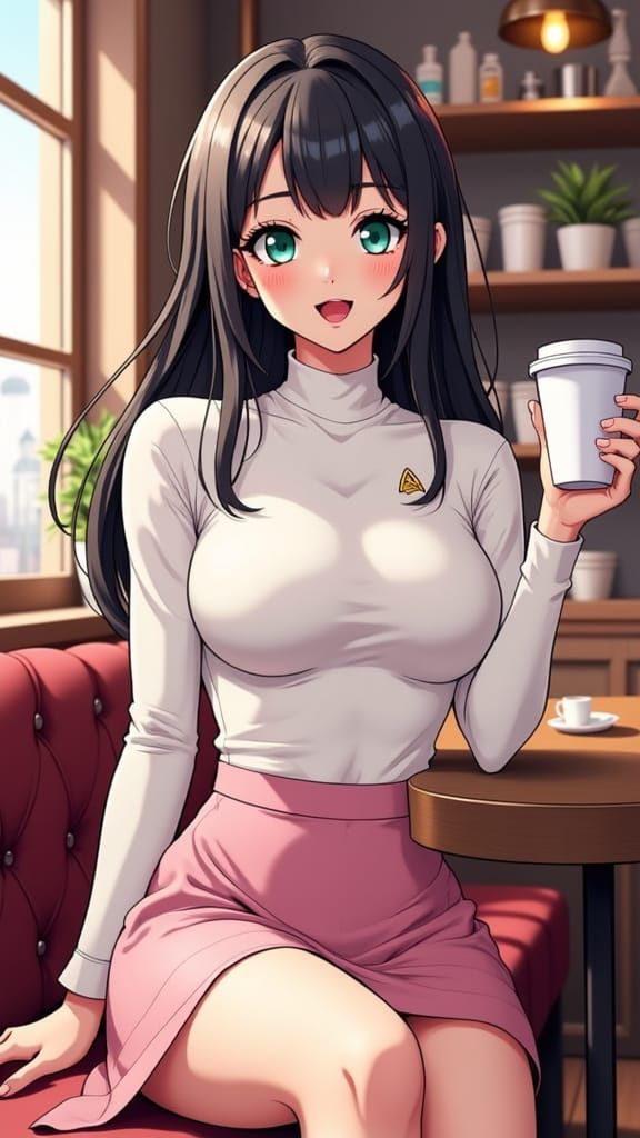 Anime Woman in Coffee Shop, Manga 2D Style