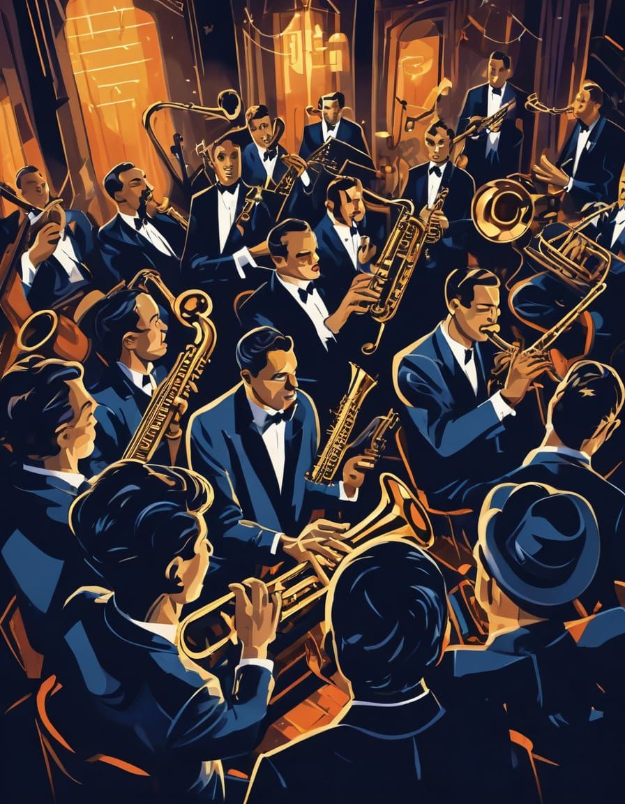 Jazz Band Plays in Smoky Club in Art Deco Style