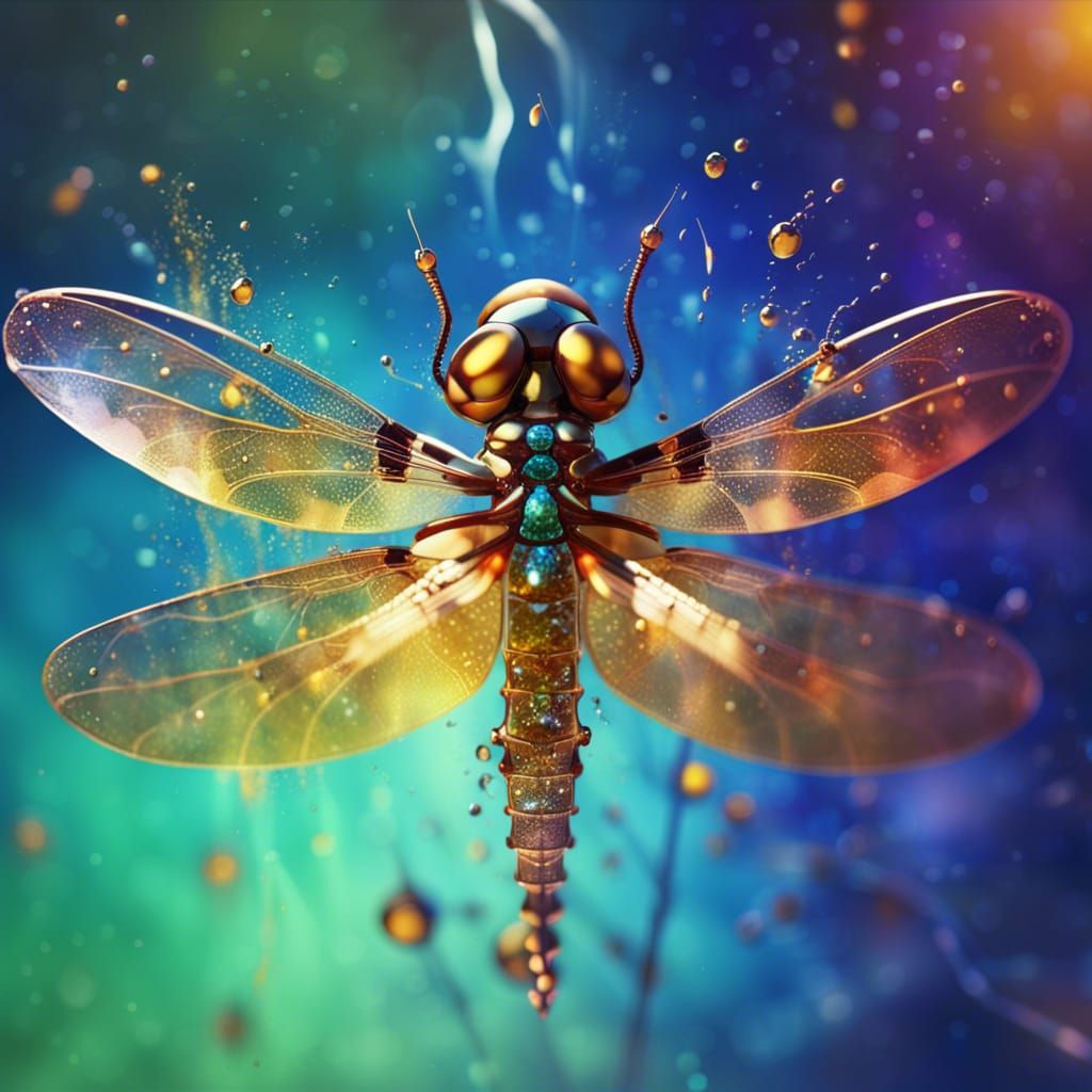 Hyperrealistic Crystal Dragonfly with Gold Splashes