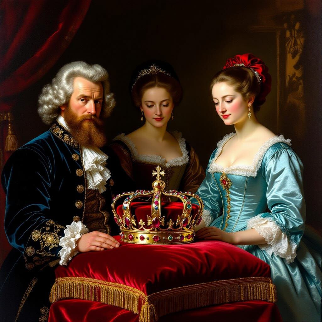 Royal Crown with Rubies on Velvet Cushion in Baroque Palace