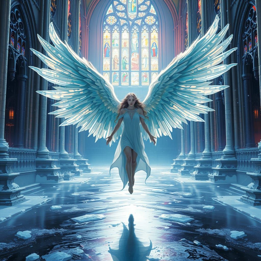 In a grand, snow-covered cathedral, an ethereal angel with luminous wings stands amidst icy reflections. Stained glass w...