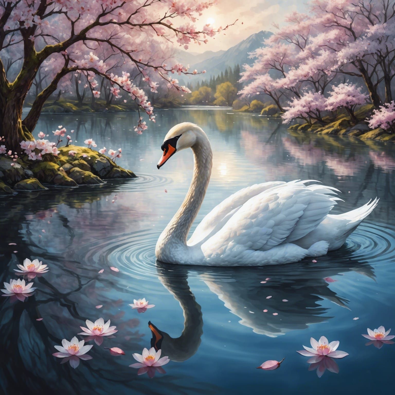 Watercolor Swan with Cherry Blossoms Fantasy Illustration