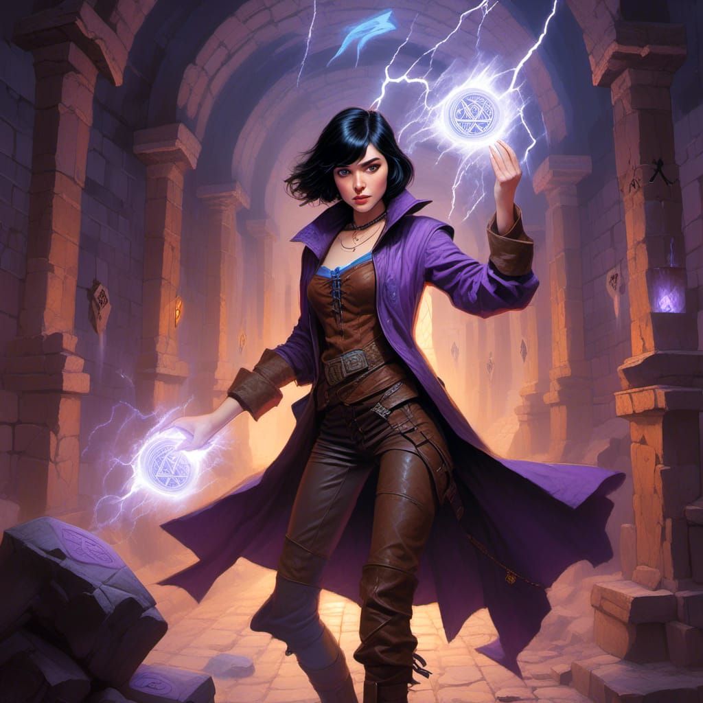 Young Woman Wizard Shooting Lightning in Dungeon