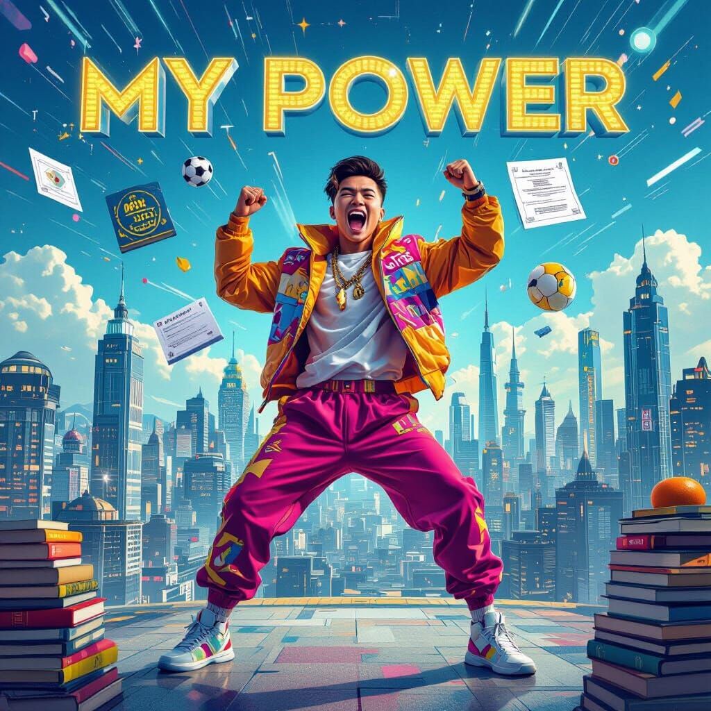 Futuristic Portrait with Cityscape and Motivational Elements