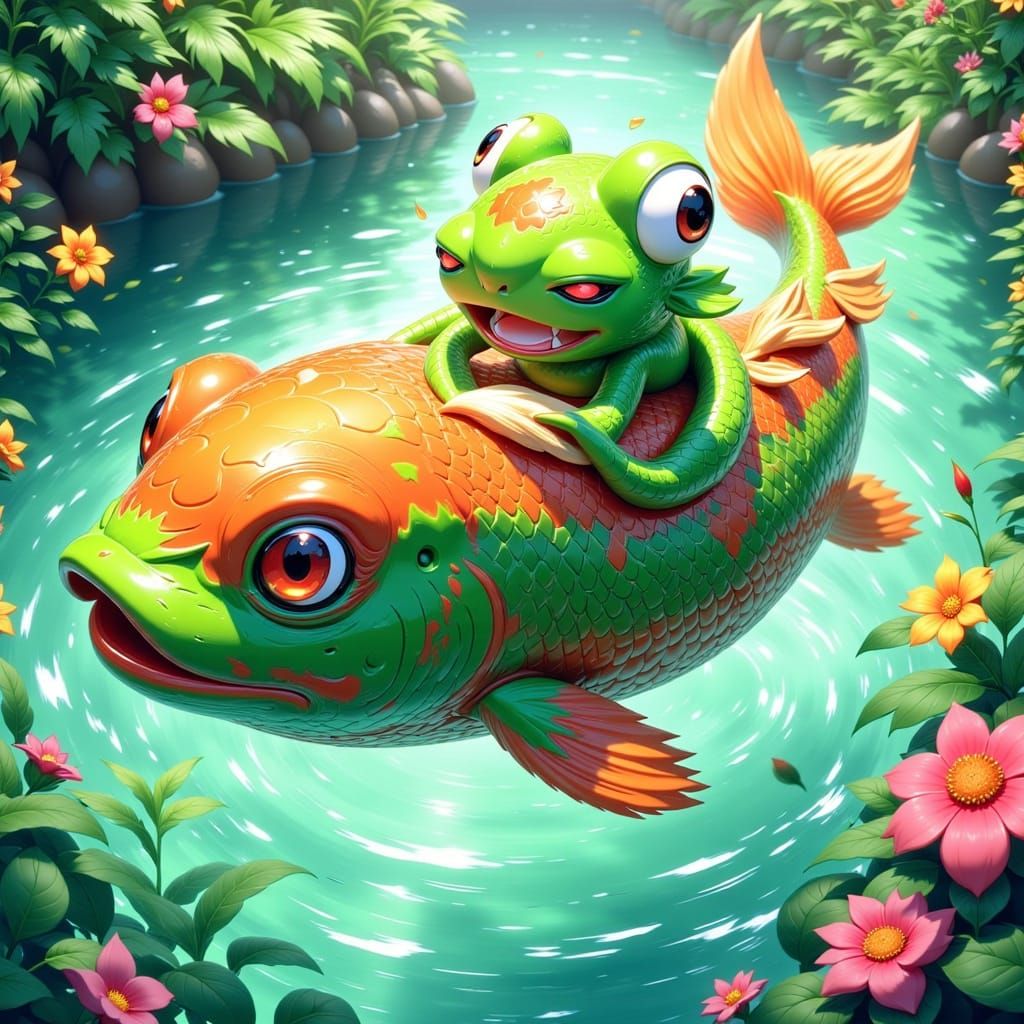 Anime Kappa Rides Koi Fish in Crystal River