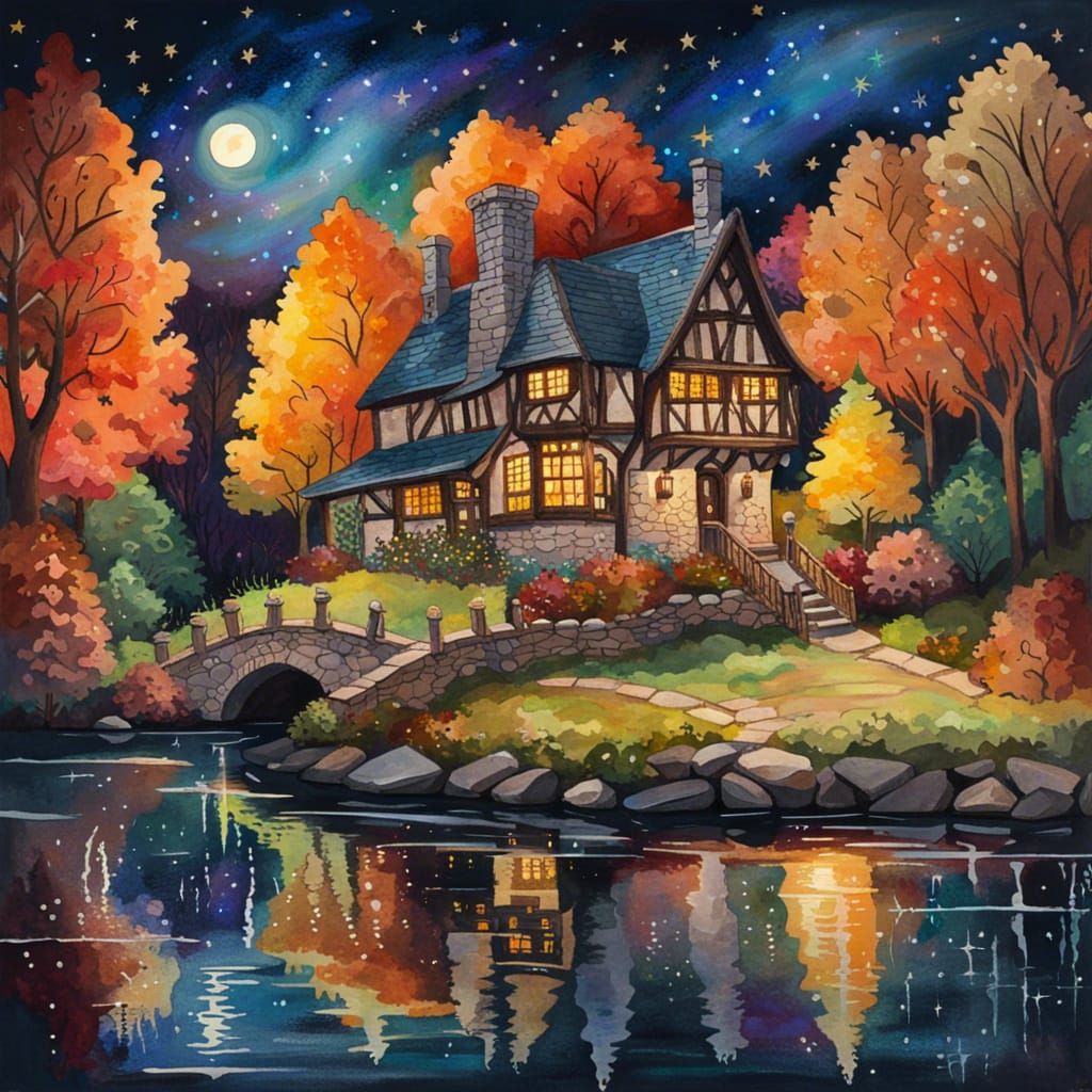 Gothic Tavern in Autumnal Forest: Gouache Watercolor Style