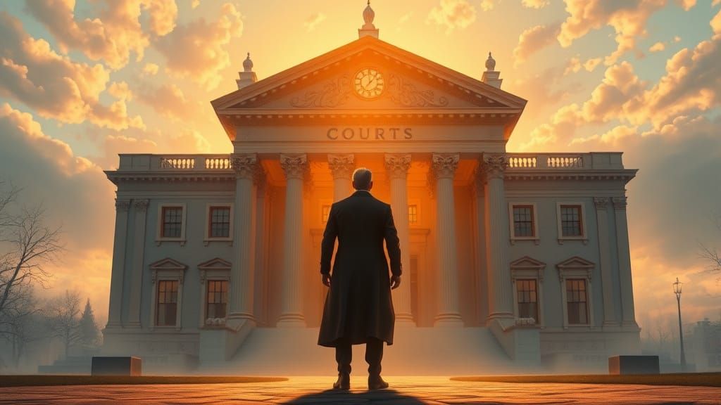 Solitary Figure at Sunrise Before Grand Courthouse