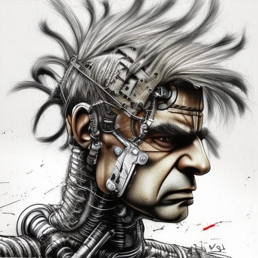 Cyborg Viking Mr. Bean with Mohawk in Line Art