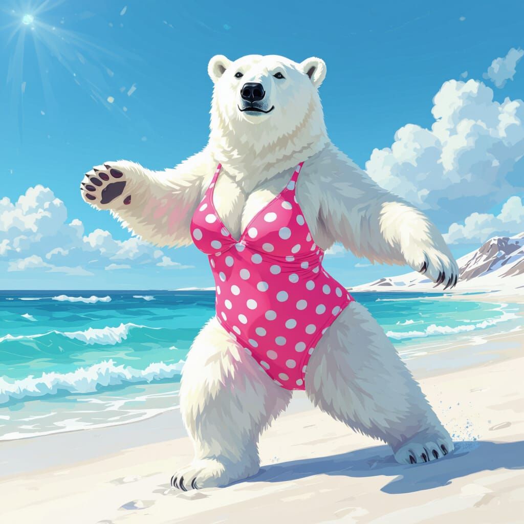 Playful Polar Bear in Swimsuit on Arctic Beach