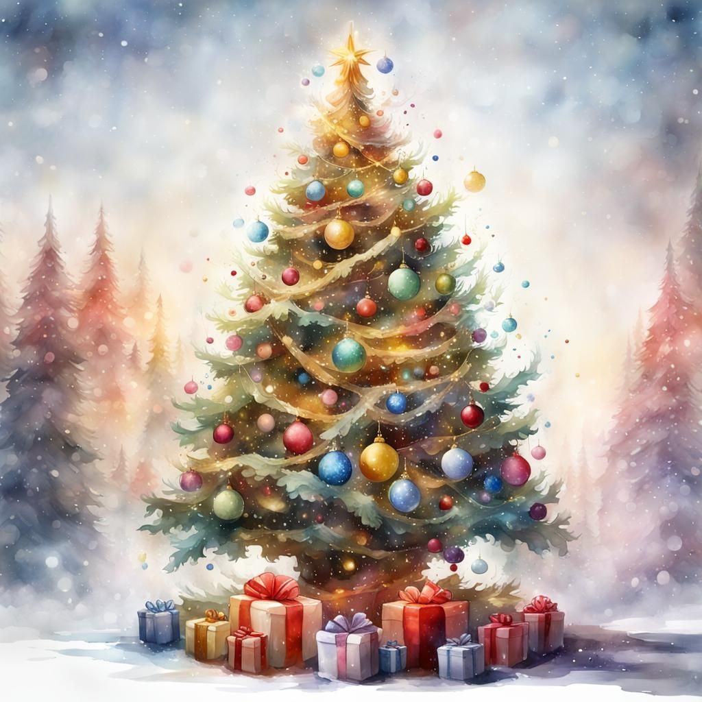 Watercolor Christmas Tree with Intricate Details