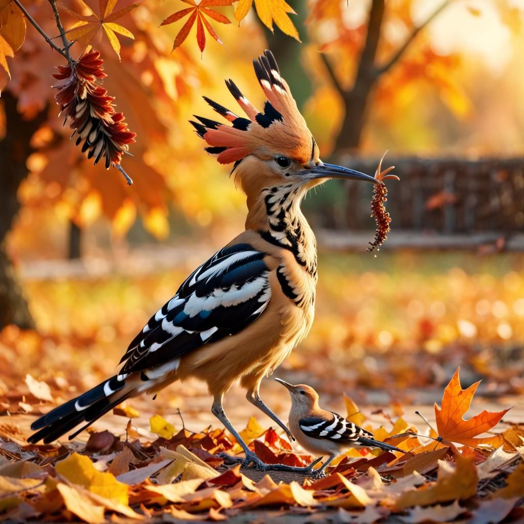 Hoopoe Family Meal in Autumnal Sunlight