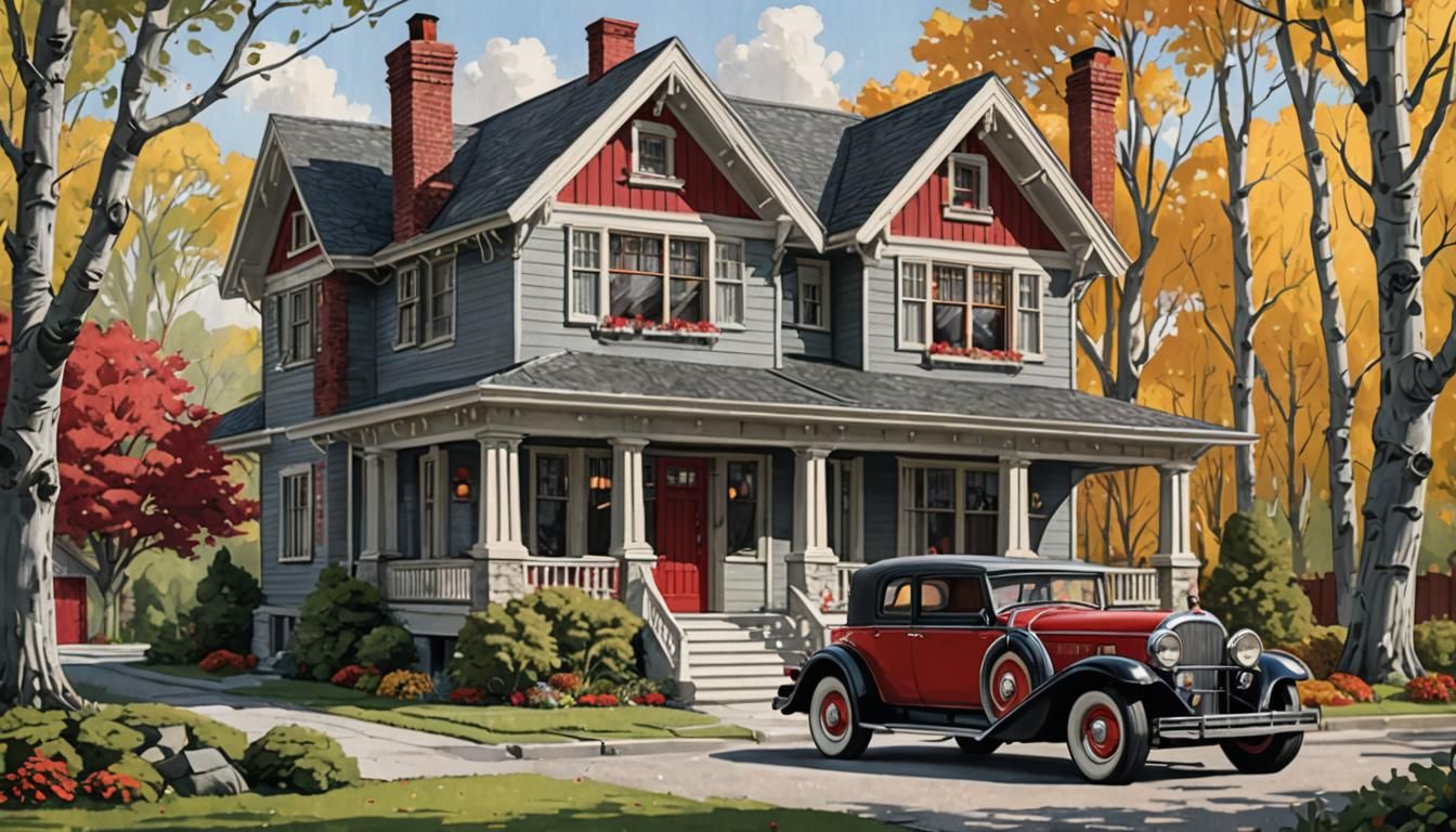 1930s House with Cadillac in Golden Sunlight