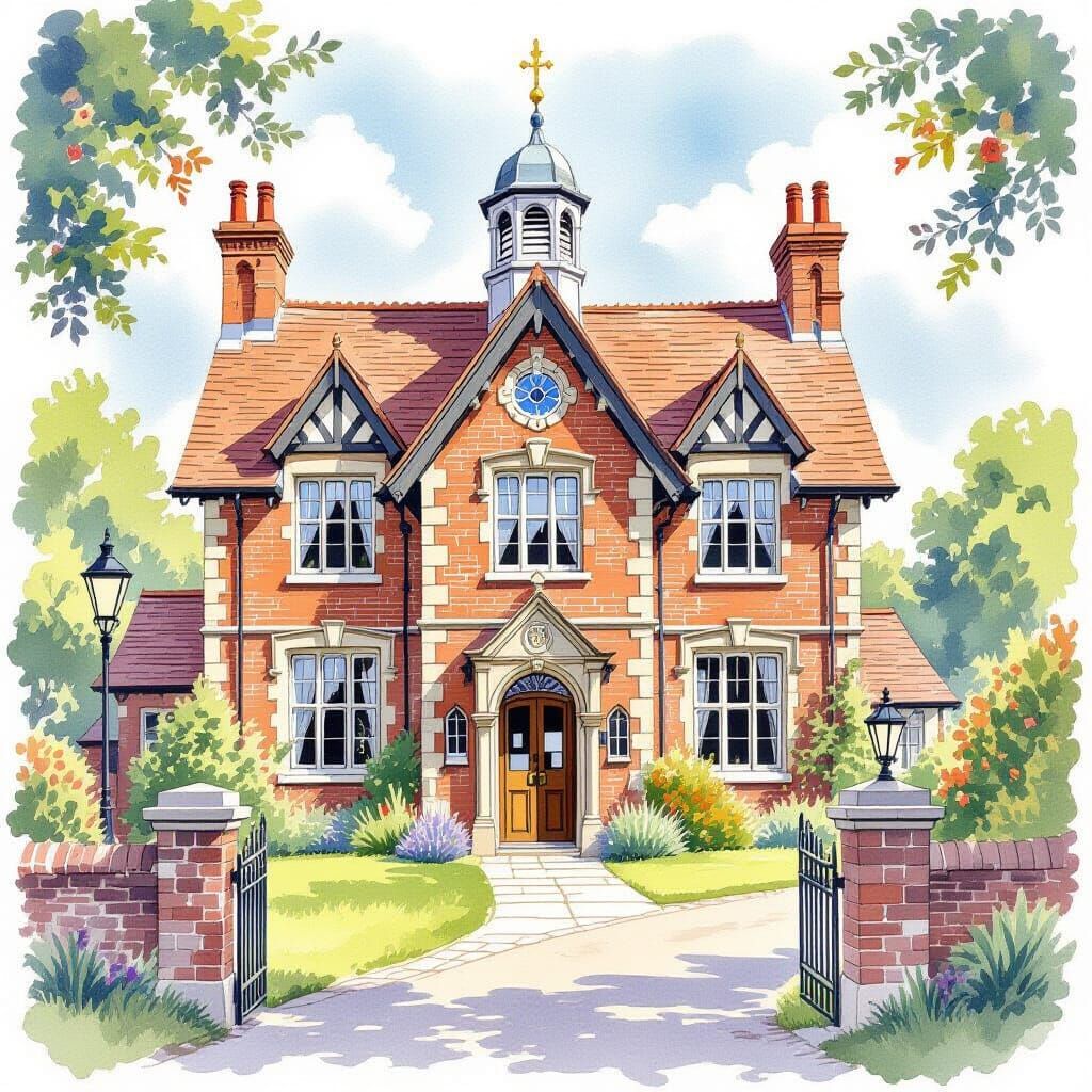 Ornate Watercolour Illustration of Old English Schoolhouse