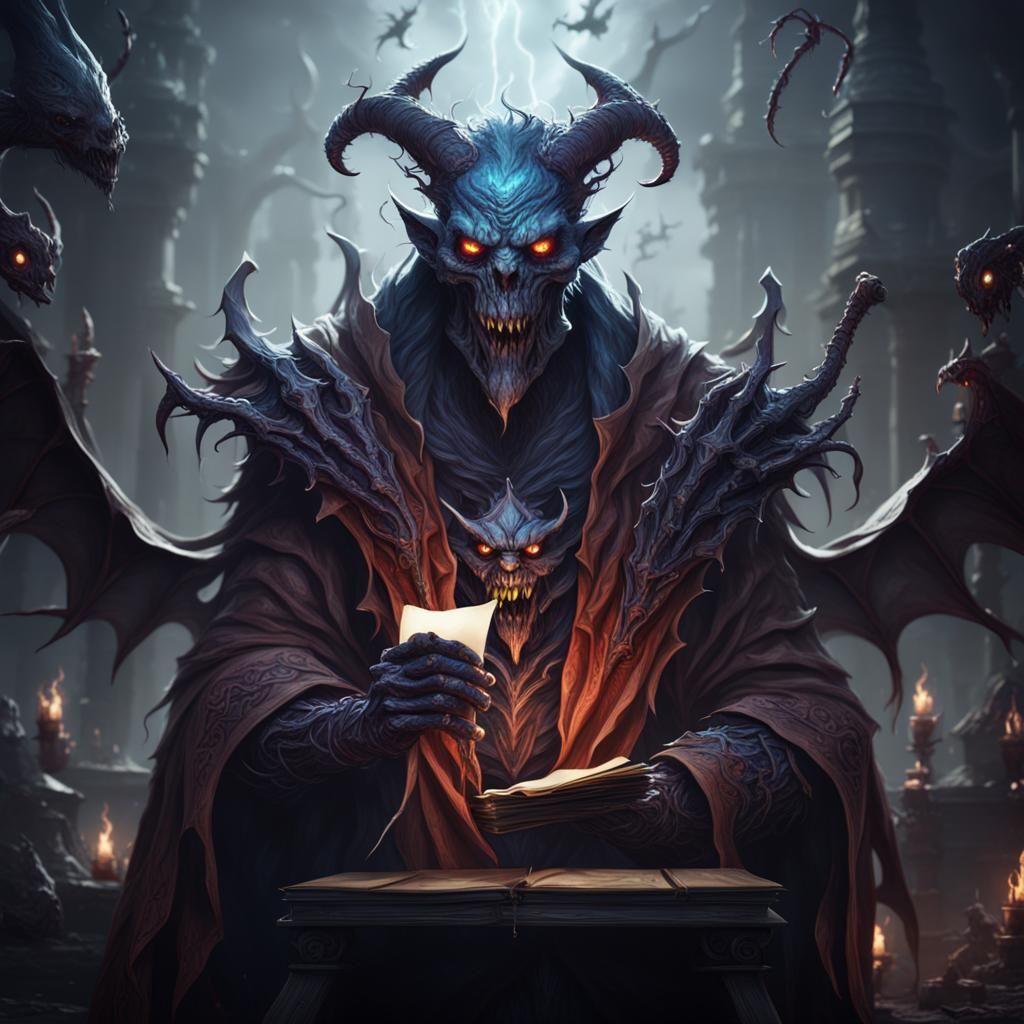 Demonic Entity with Paper List, Detailed Matte Painting