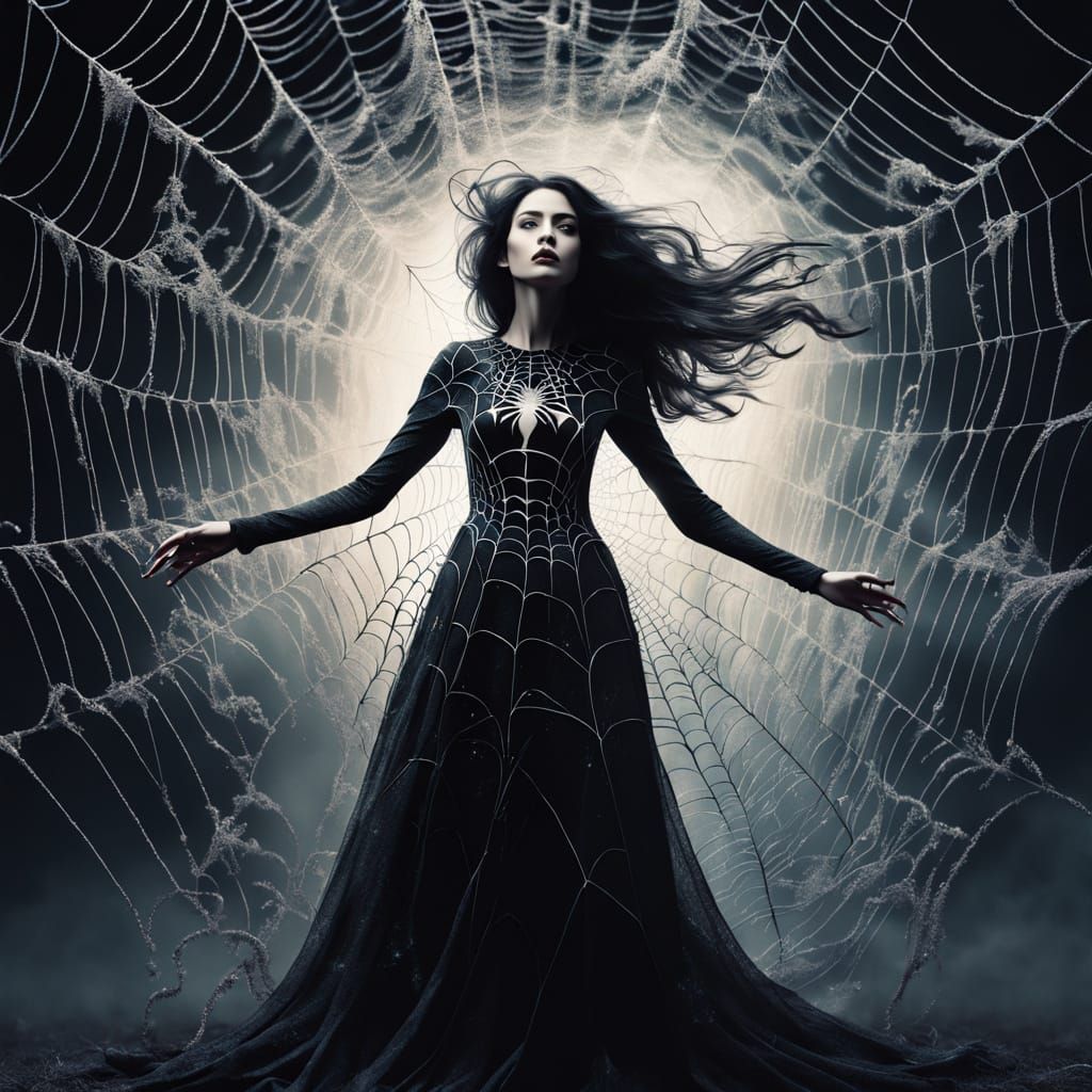 Surreal Four-Armed Woman Emerges from Cosmic Spiderweb