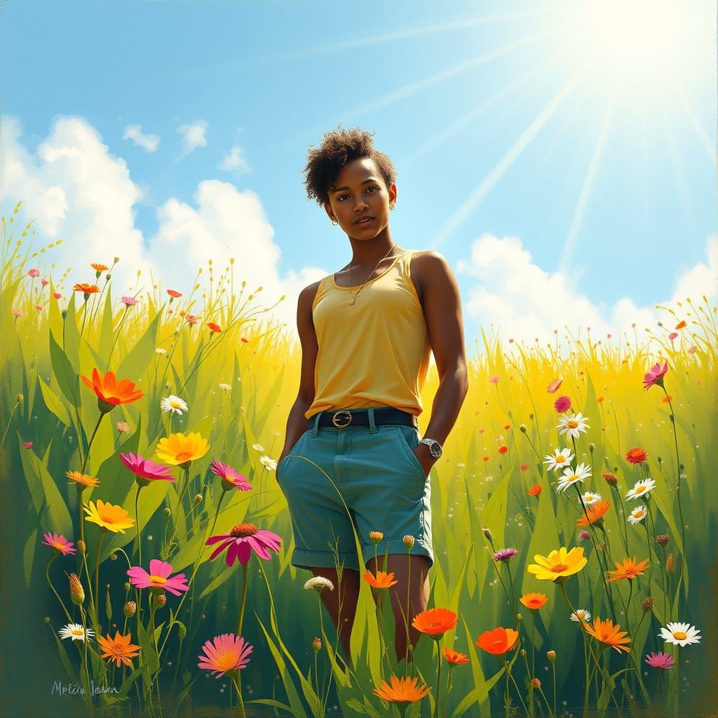 Vibrant Figure Radiates Confidence in a Blooming Meadow