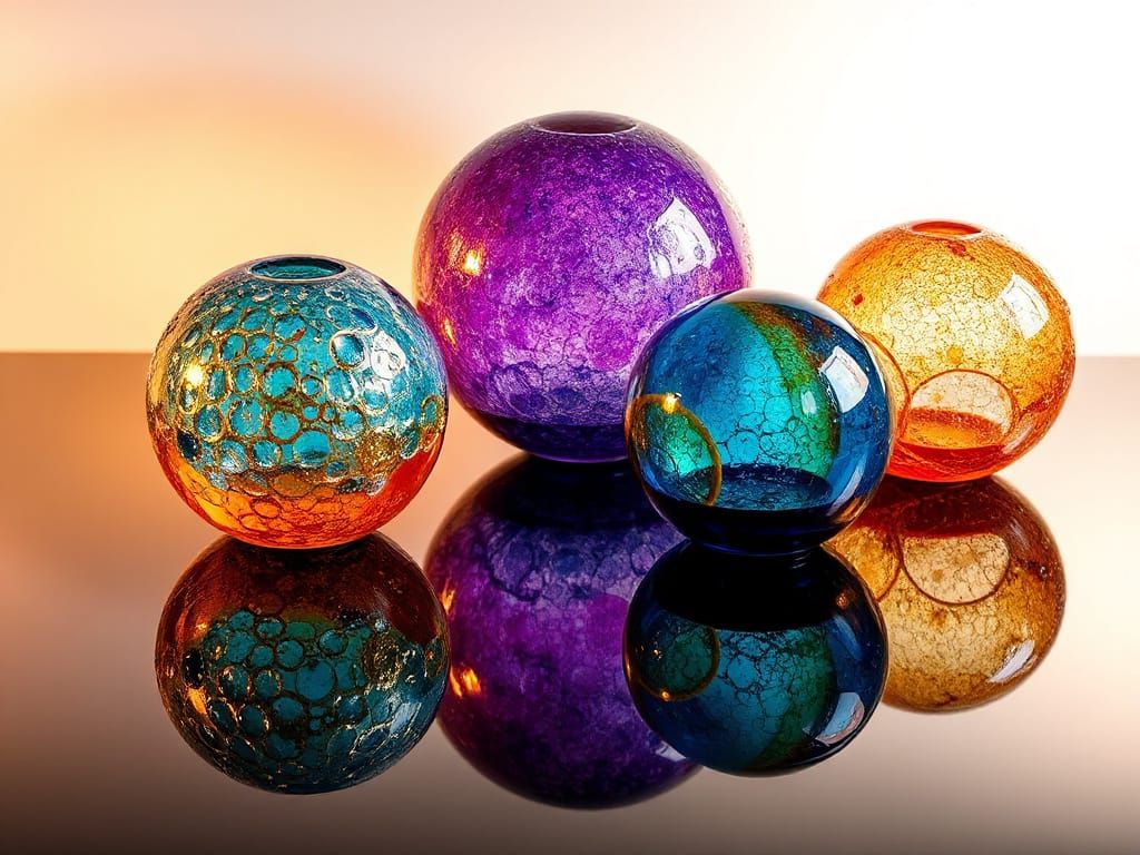 Vibrant Glass Spheres on a Reflective Surface