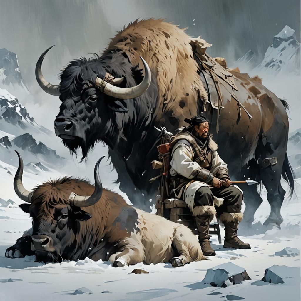 Barbarian and Yak on Arctic Tundra: Fantasy Illustration