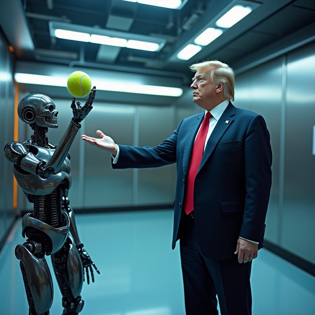 Confident Businessman Serves a Tennis Ball in a Futuristic L...