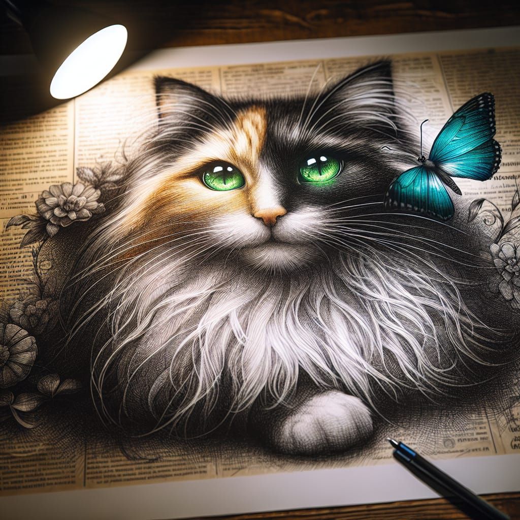 Cat Drawn on Newspaper