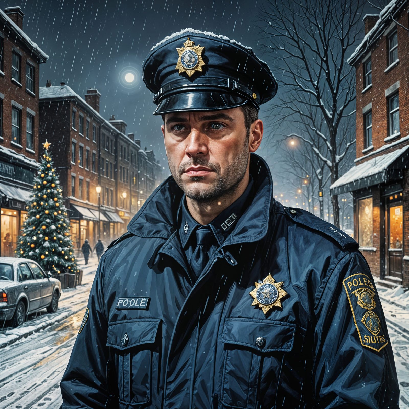 Realistic Winter Police Portrait in Modern Christmas Scene