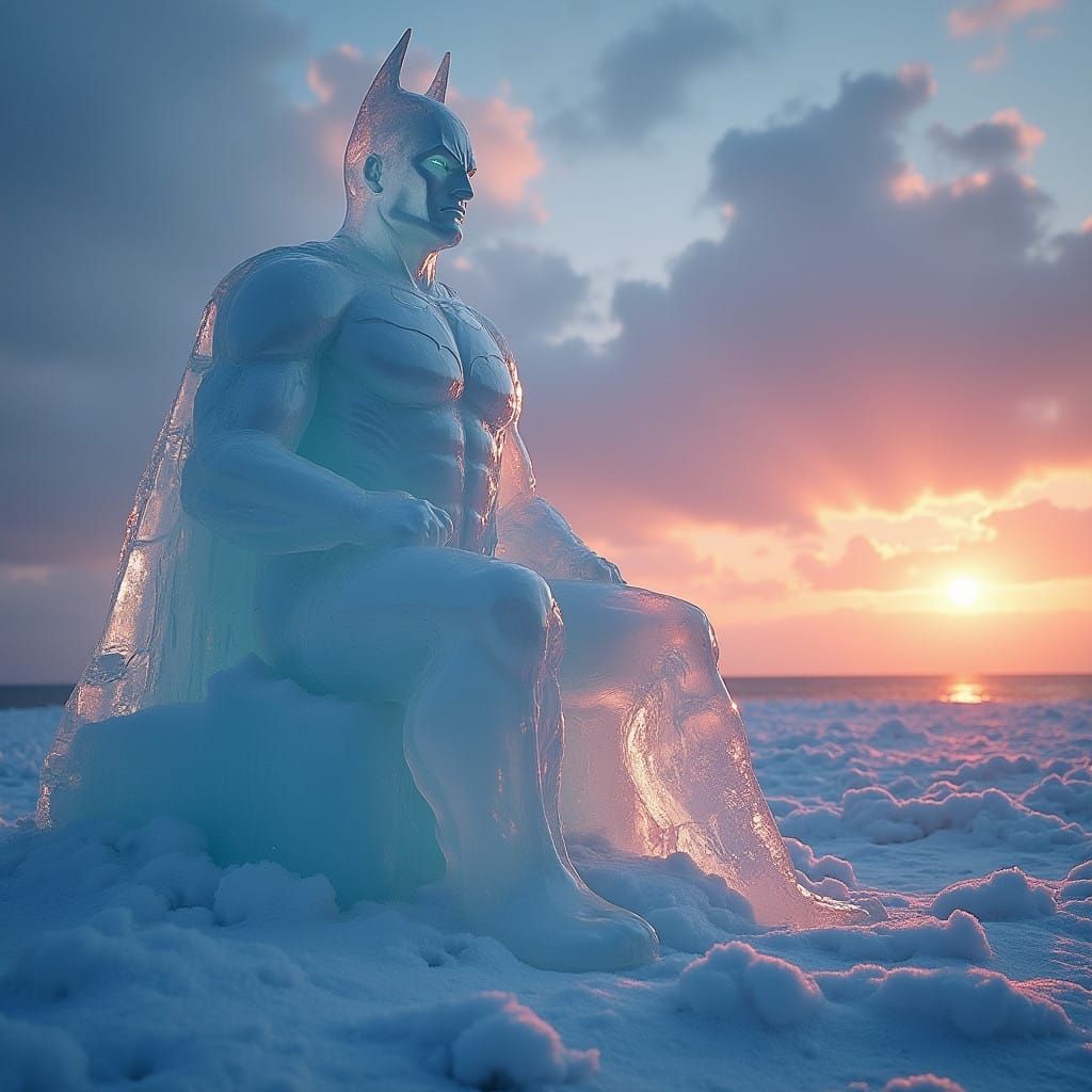 Batman in a Dazzling Ice Sculpture against a Blazing Horizon