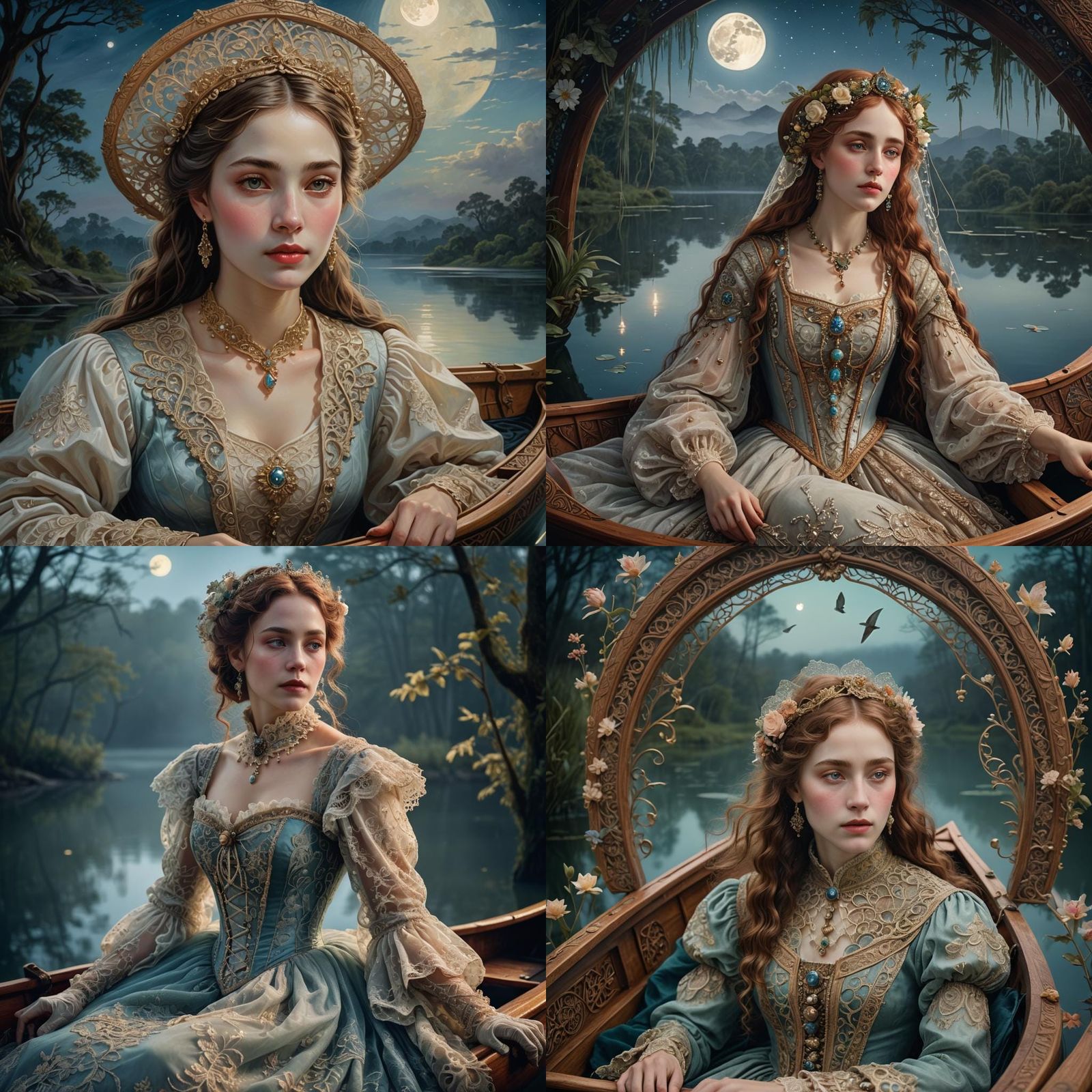 Victorian Woman in Canoe on Moonlit Lake