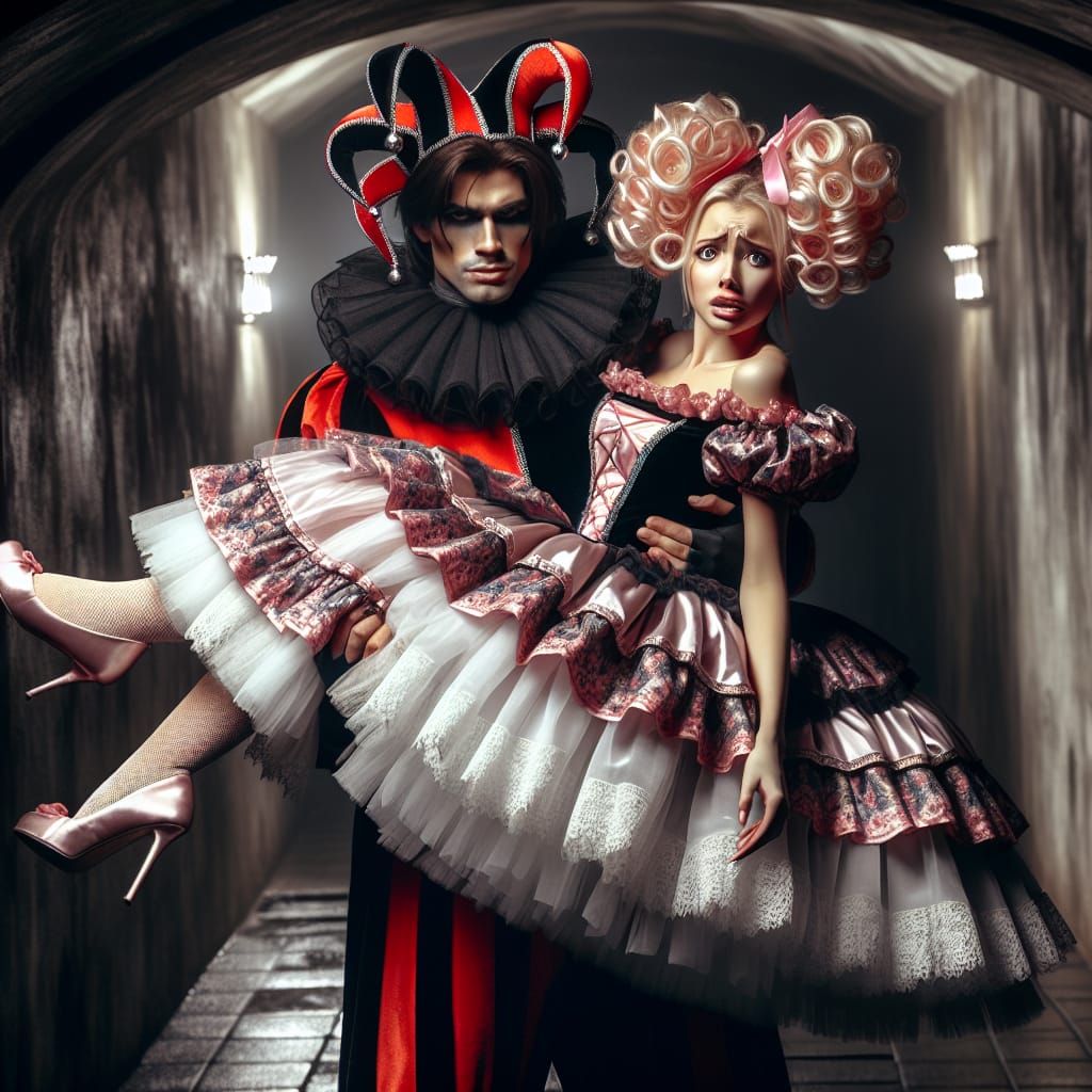 Jester Carries Princess in Ominous Dungeon