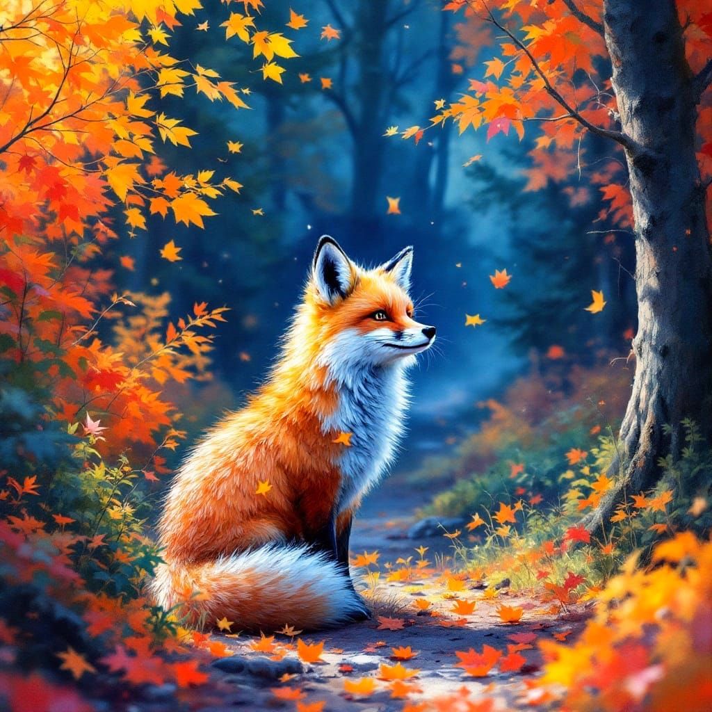 Epic Autumn Fantasy: Fluffy Fox in Vibrant Forest