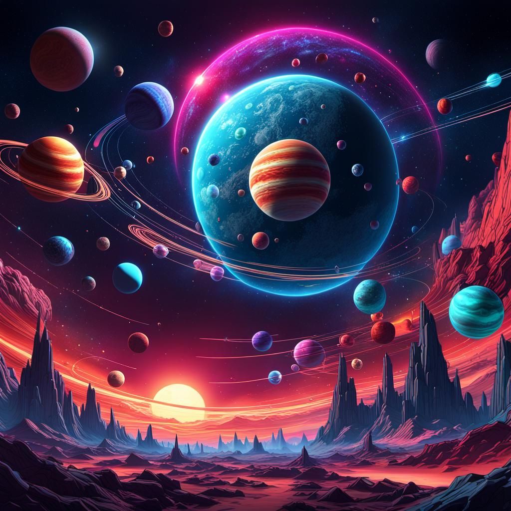 Vibrant 3D Doodle Spacescape with Glowing Nebulae