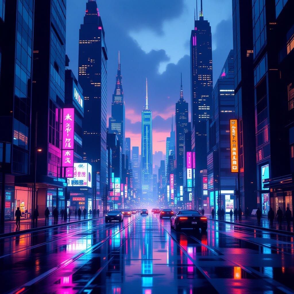 Futuristic Cityscape at Dusk in Hyper-Realistic Style
